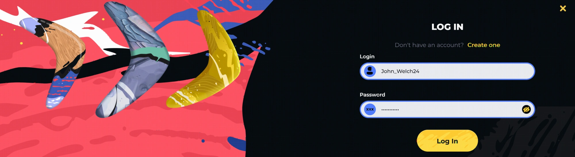 Boomerang Casino login interface